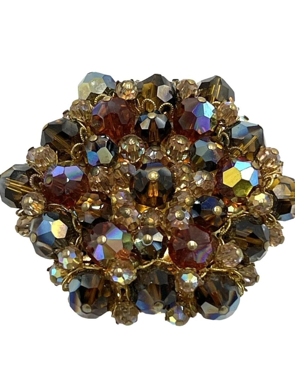 Vintage Unsigned Goldtone Aurora Borealis Heavy Round Brooch